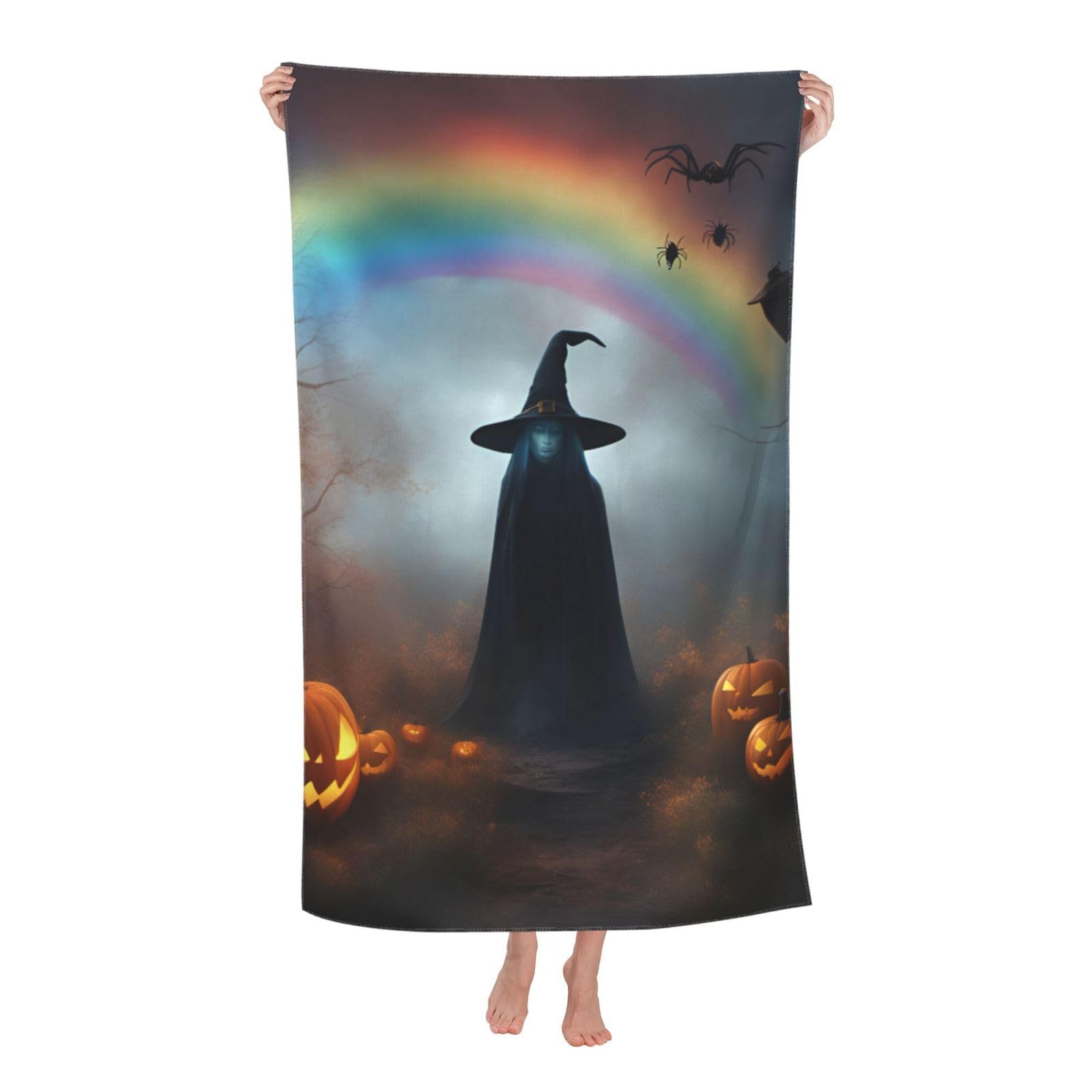 Anceky Oversized Rainbow Halloween Ghost Witch Hat Spiders Print Beach Towel Soft Quick Dry for Beach Pool Shower Travel Sports