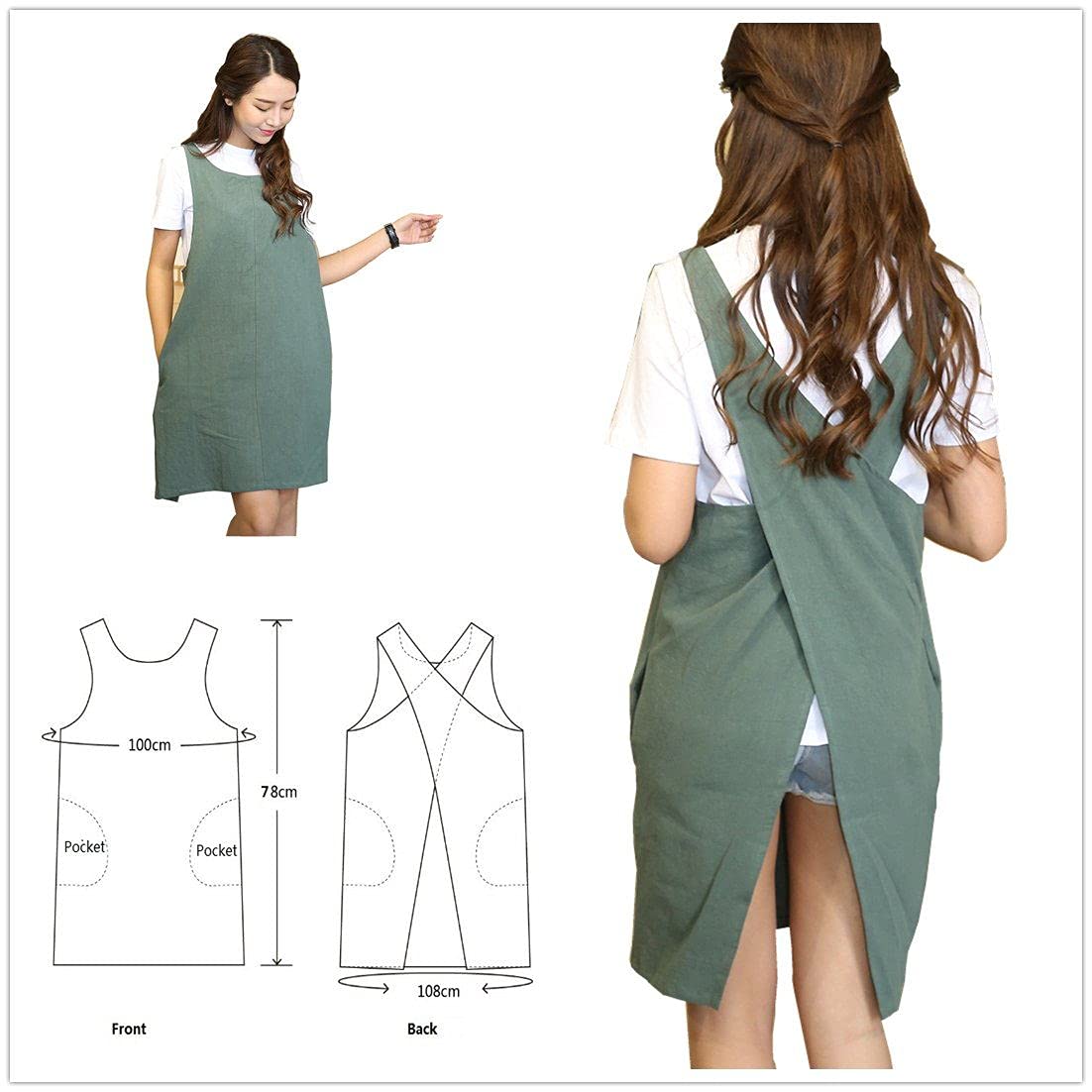 Grembiuli Stile Giapponese, Grembiule Lino Di Cotone, Grembiule Con Tasche, Grembiule Con Cinturino a Forma Di X, Ideale Per Cucinare e Barbecue, Giardinaggio, Tempo Libero,ecc