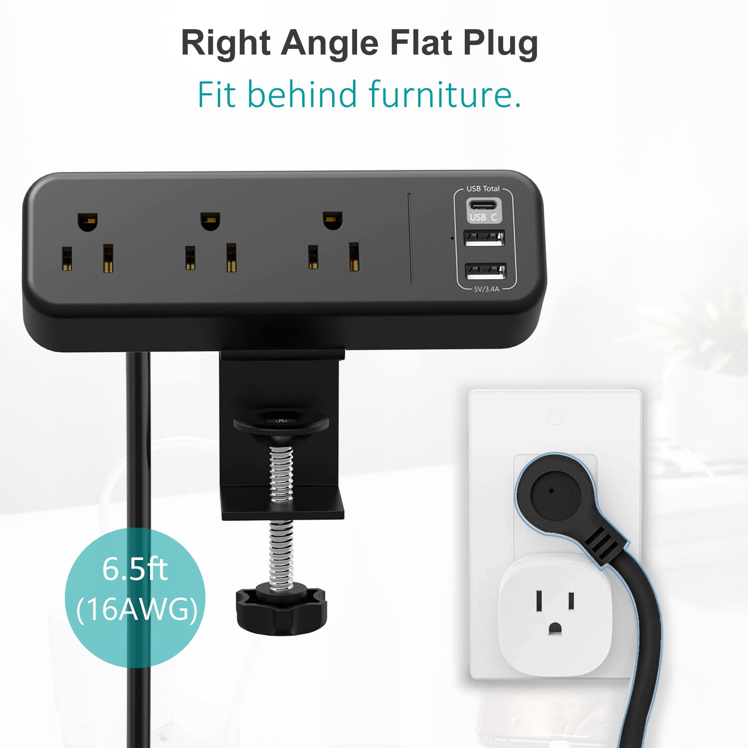 Desk Edge Power Strip With USB Ports Desktop Clamp - View #2