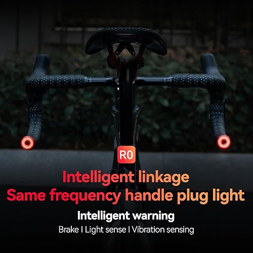 Miniatura 2 de ROCKBROS Tapones de extremo para manillar de bicicleta, luz trasera con detección de freno, luz recargable para bicicleta, IPX6 impermeable