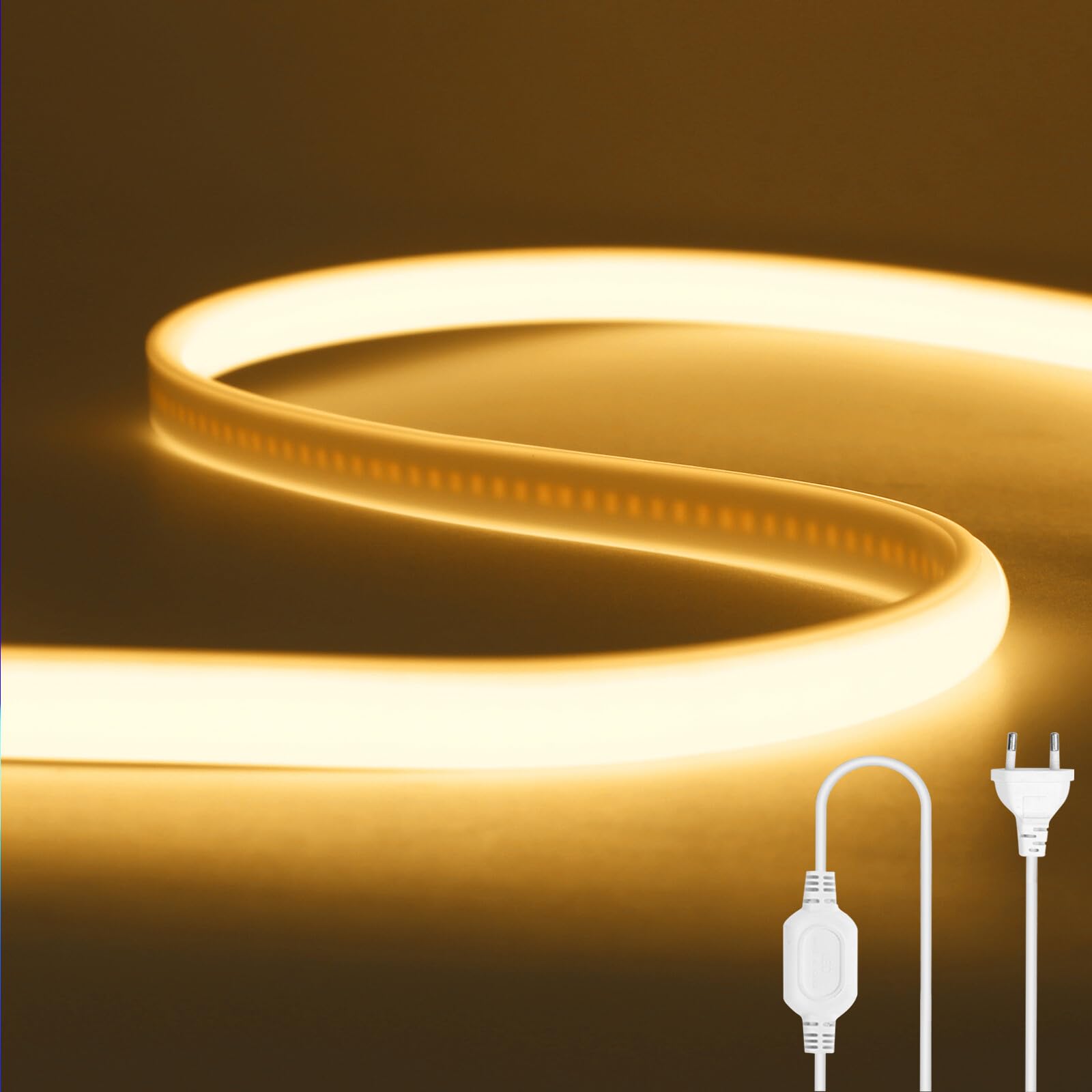 Tira de LED COB [100M, Blanco Cálido 3000-3500K], 220V Cortable Impermeable Flexible FCOB LED Neón CRI90+, Decoración Dormitorio Cocina Tienda Hogar