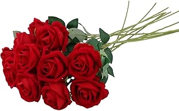 QWORK® 12Pcs Artificial Roses, Red Roses Artificial Flowers With Long Plastic Stems For Wedding Table Centerpieces, Home Decor