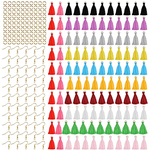 420PCS Small Craft Tassels for Keychain Silky Handmade Soft Craft Mini Tassels Multicolored Mini Tassels Charm with Loops, Gold Plated Earring Hooks for DIY Projects, Earring Jewelry Making, Bookmarks