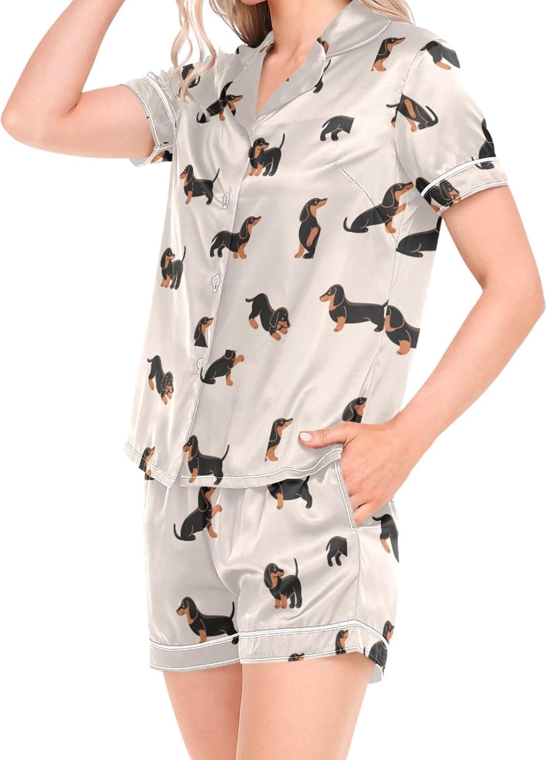 QUGRL Women's Satin Pajama Sets Shorts Happy Dachshund Dogs 2 Piece Pj Set for Women Cartoon Cute Silky Sleepwear Lounge Sets Button Down Bridal Shower Gift X-Large - Image 2