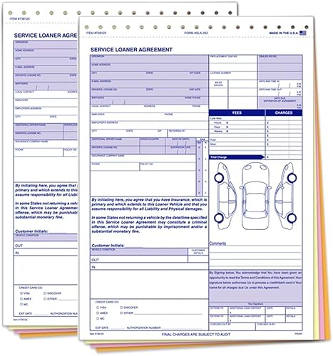 Service Loaner Agreement Form SLA-252-4-Part Carbonless Auto Dealership Loaner Vehicle