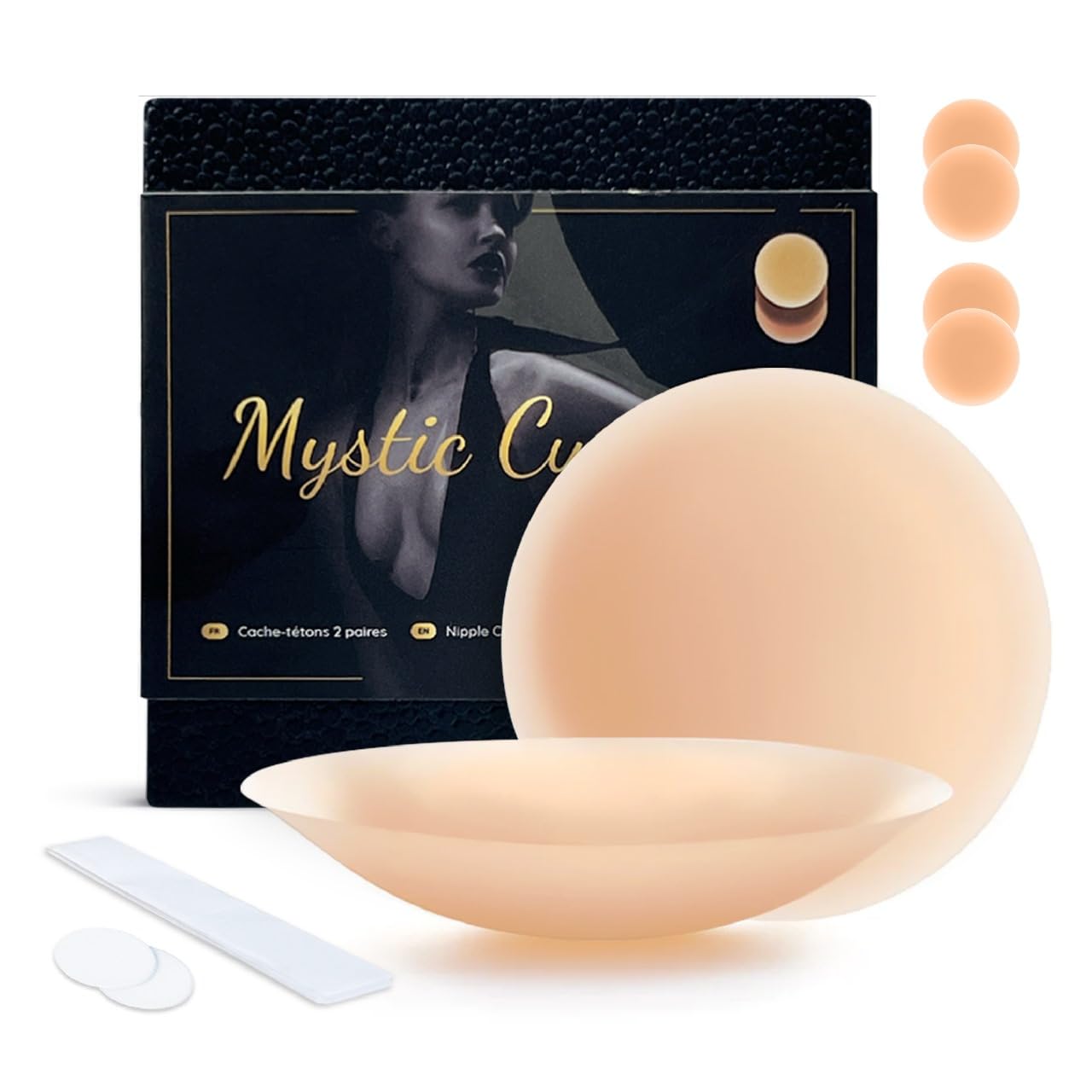 Mystic Curves Pezoneras Ultra Finas | Cubre Pezones Invisibles Mujer Fabricadas en Silicona de Calidad | 2 Pares+Caja+Cintas Adhesivas para Ropa | Reutilizables Lavables | Redondas 8cm
