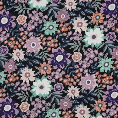 VmG-Store 1 m Cotton Fabric for Sewing 100% Cotton, Sewing Fabric, No Sold by the Metre, Children's Fabric (Digital Flower Black BC016)