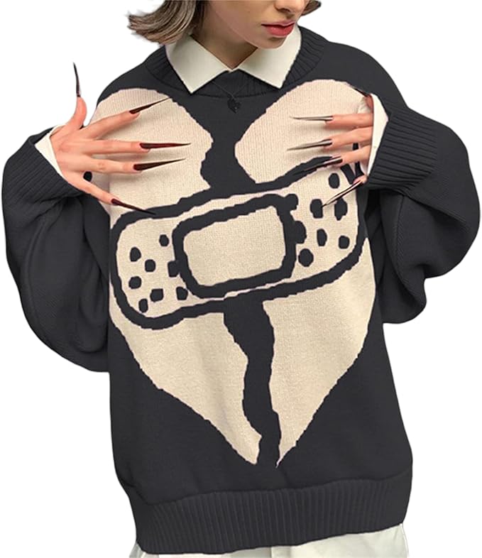 Women Casual Pullover Knit Sweater,Print Long Sleeve Y2K E-Girls 90s Autumn Winter Loose Sweater 