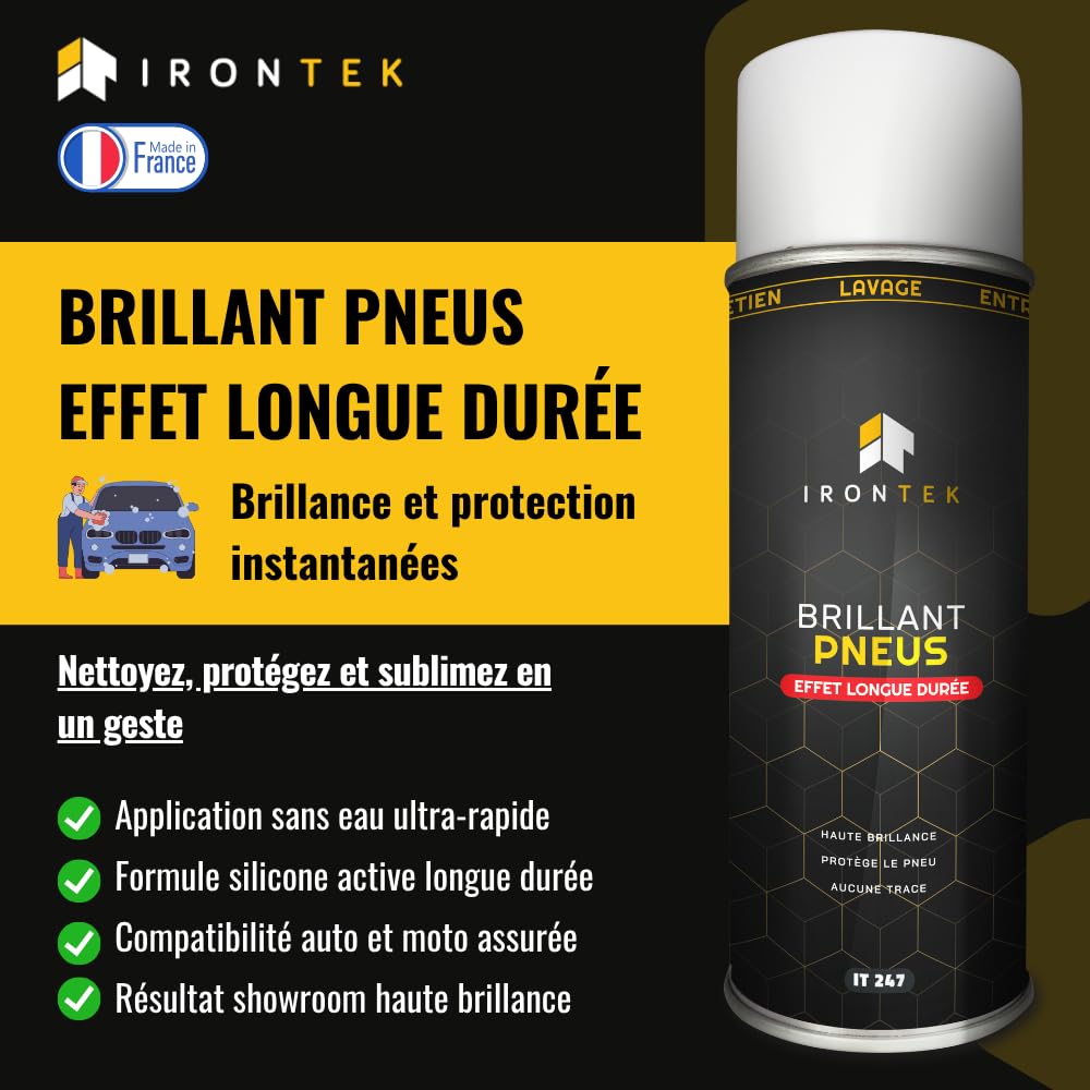 Lucidante Pneumatici Spray - IRONTEK - 500ml | IT247 | Alta Brillantezza | Protezione Lunga Durata | Anti Invecchiamento | Senza Aloni