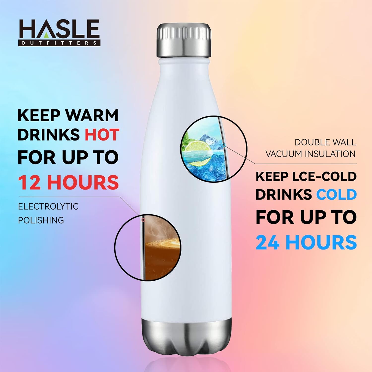 HASLE OUTFITTERS 17oz Stainless Steel Water Bottles Bulk, Vacuum Insulated Water Bottles Double Walled Powder Coated Reusable Metal Sports Water Bottles Keep Drinks Hot and Cold, White, 8Packs - Image 4