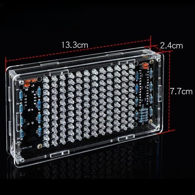Diagram showing the dimensions of the assembled MUXWELL Music Spectrum LED Light Kit: 13.3cm width, 7.7cm height, 2.4cm depth.