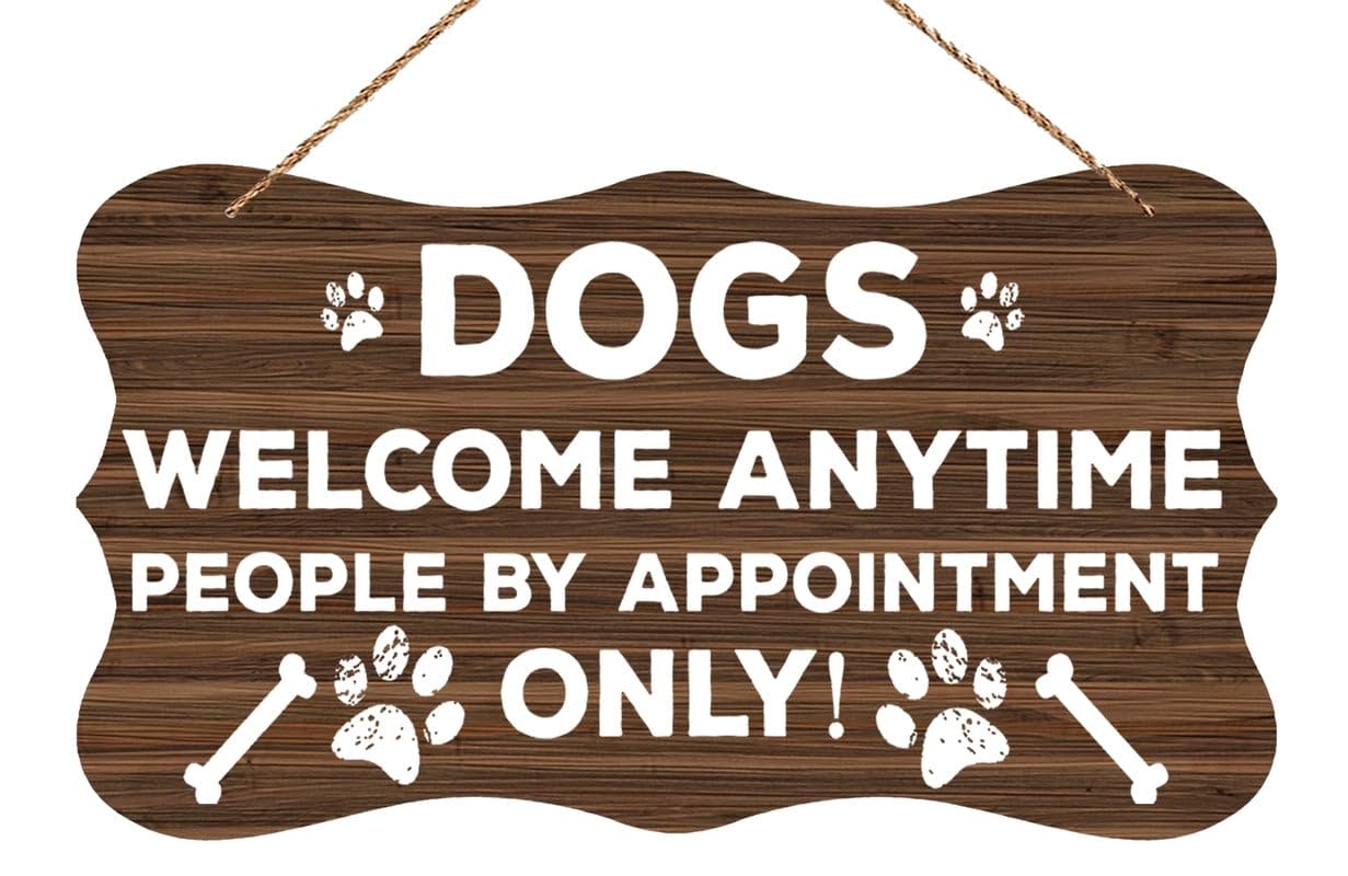 Dogs Welcome Anytime Dog Wood Hanging Decor Sign - Rustic Farmhouse Kitchen Wall Decor, Hanging Printed Plaque for Pet Lovers, 6X12 Inch