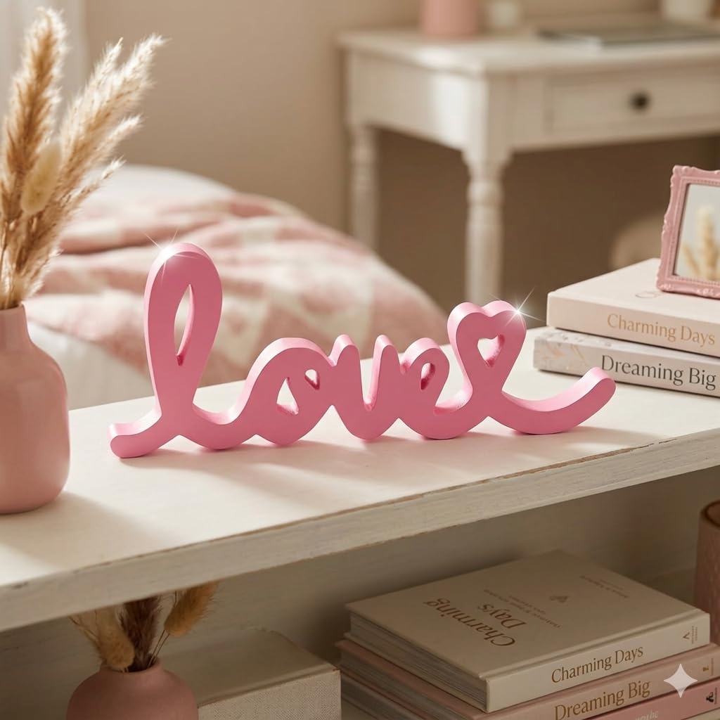 ALIYA HANDICRAFT™ Wooden Love Word Decor (Pink/Yellow) | Hand-Painted Waterproof Love Showpiece | Romantic Table Decor for Bedroom, Home, Office & Gifting (PINK)-image-17