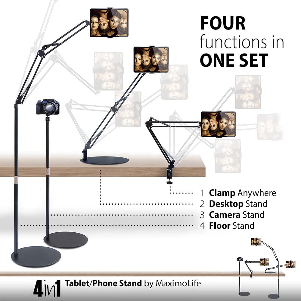 MaximoLifeÂ® iPad Stand Tablet Stand | 4-in-1 Multi-Function Tablet & Phone Holder for Floor Desktop Bed | Univeral 360Â° Flexible Height & Angle [Black]