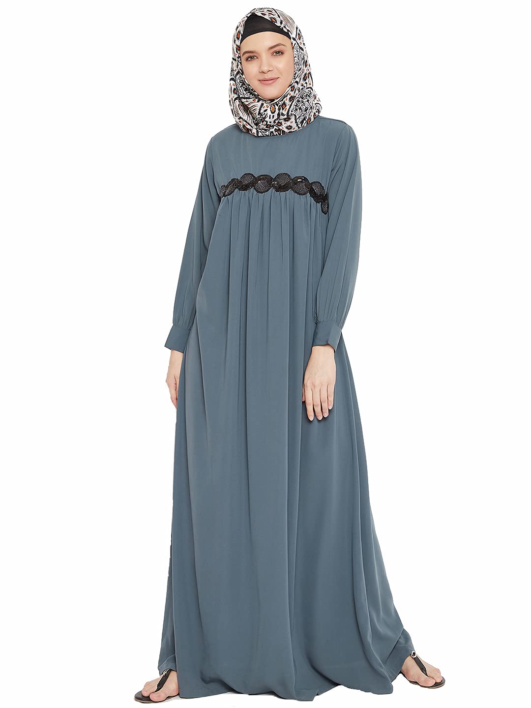 Momin LibasGrey Polyester Lace Work Abaya Burqa