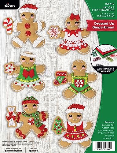 Bucilla Felt Applique 6 Piece Ornament Making Kit, Dressed Up Gingerbread, Perfect for DIY Arts and Crafts...