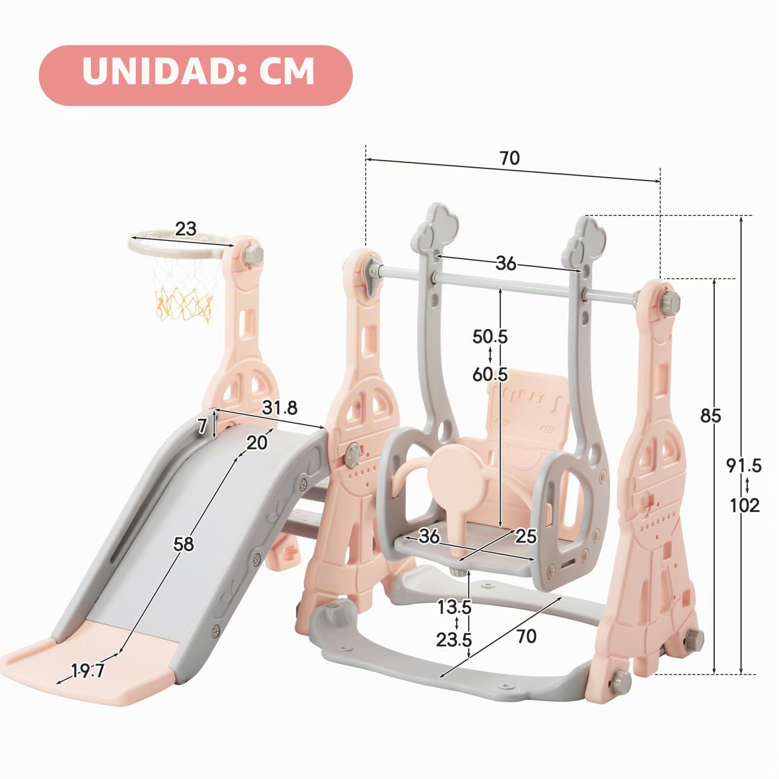Tobogán infantil 4 en 1 con columpio y canasta de baloncesto, juego de tobogán para interiores y exteriores para niños con escalera, parque infantil para niños pequeños a partir de 1-6 años, rosa