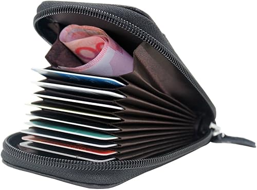 Miniatura 2 de boshiho Tarjetero con bloqueo RFID de cuero genuino para tarjetas de crédito, organizador compacto con cremallera alrededor de estilo acordeón