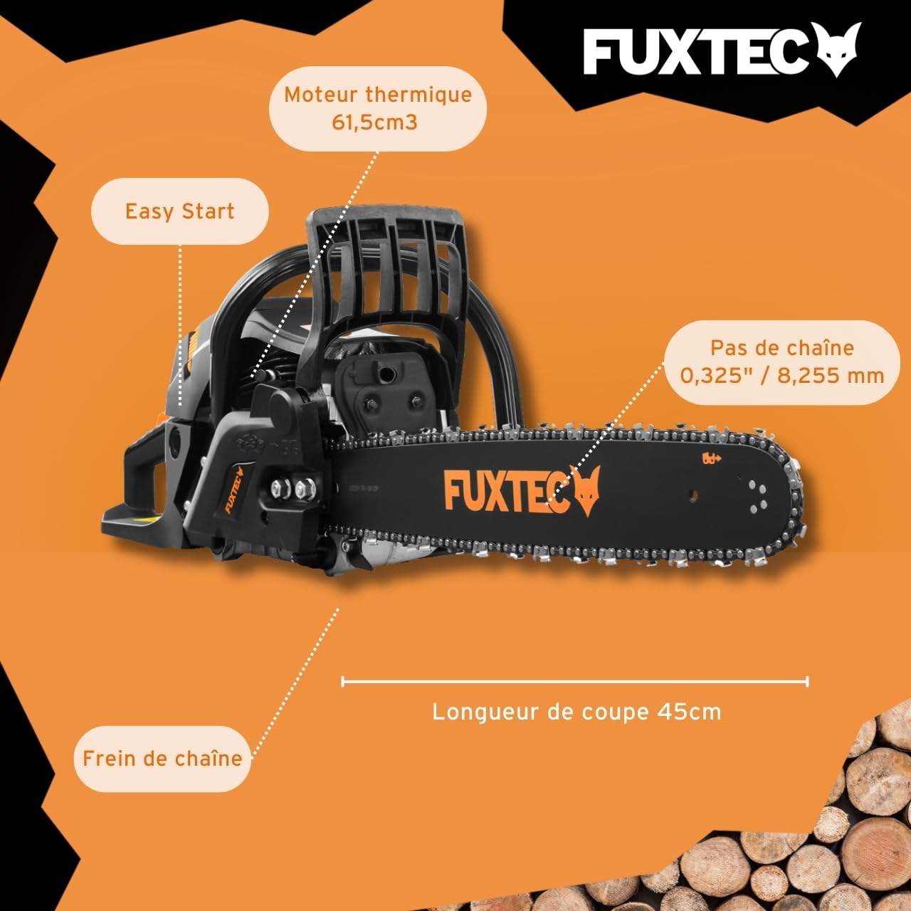 Fuxtec tronçonneuse thermique 50 cm FX-KS262 Black Edition essence 61,5cm3 2 temps 2,8kW Longueur De Coupe 45cm, Guide Chaine 20 pouces Étui de transport Tronc, Menuiserie