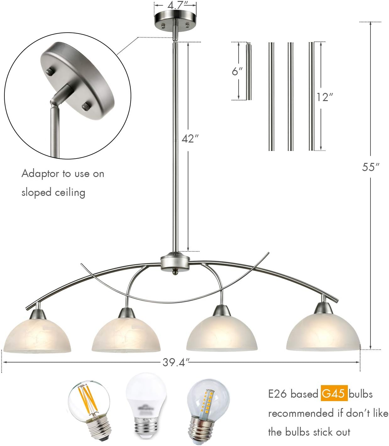 Exclusive Discount 60% Price DAYCENT Contemporary Alabaster Frosted Glass Pendant Light Kitchen Island Chandelier Hanging Ceiling Lighting Fixture, Brushed Nickel, 4-Shade