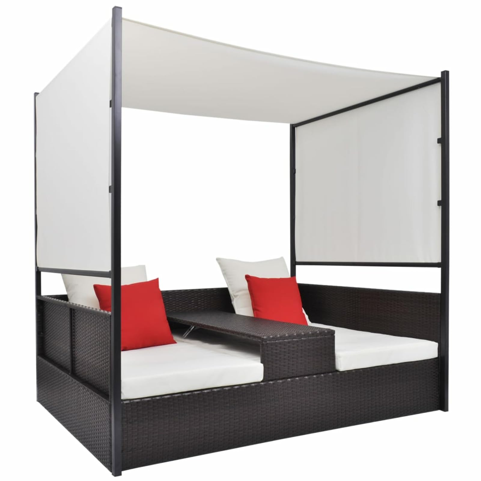 Homgoday Lit de jardin avec baldaquin - Lit de soleil - Double chaise longue - Chaise longue de jardin - Chaise longue de jardin - Canapé de jardin avec table d'appoint - Marron - 190 x 130 cm - En