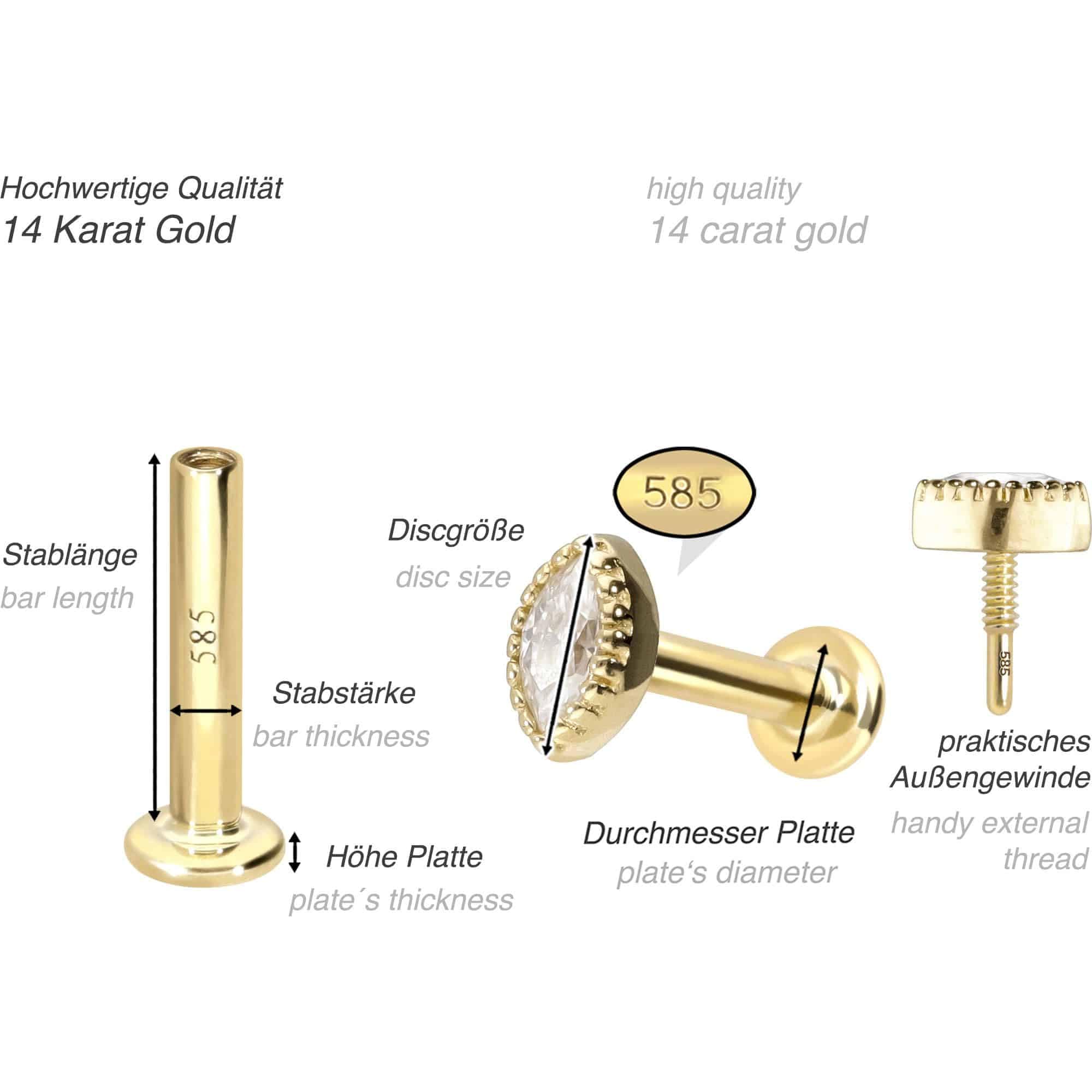 PIERCINGLINE Piercing Stecker 14 Gold Labret mit Innengewinde MOISSANIT-OVAL 585er Gold - Roségoldfarben, Goldfarben, Silberfarben
