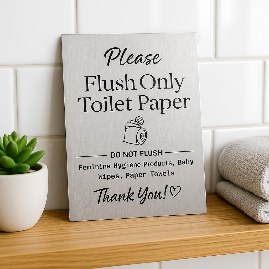 “Flush Only Toilet Paper – Do Not Flush Wipes or Feminine Hygiene Products” Brushed Aluminum Sign – Ideal for Hotels and Vacation Rentals (Brushed Aluminum, 5″ x 7″)