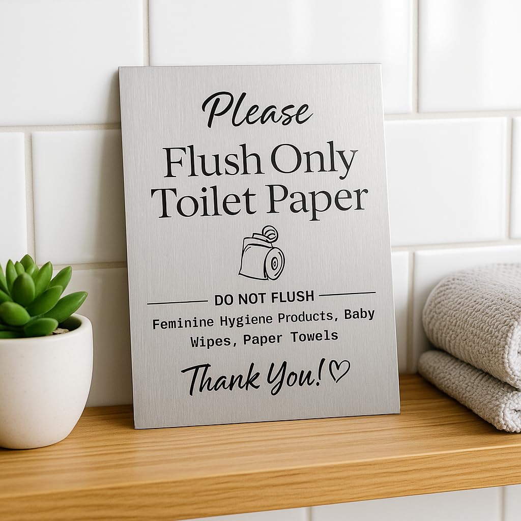 Photo 1 of "Flush Only Toilet Paper - Do Not Flush Wipes or Feminine Hygiene Products" Brushed Aluminum Sign - Ideal for Hotels and Vacation Rentals (Brushed Aluminum, 5" x 7")