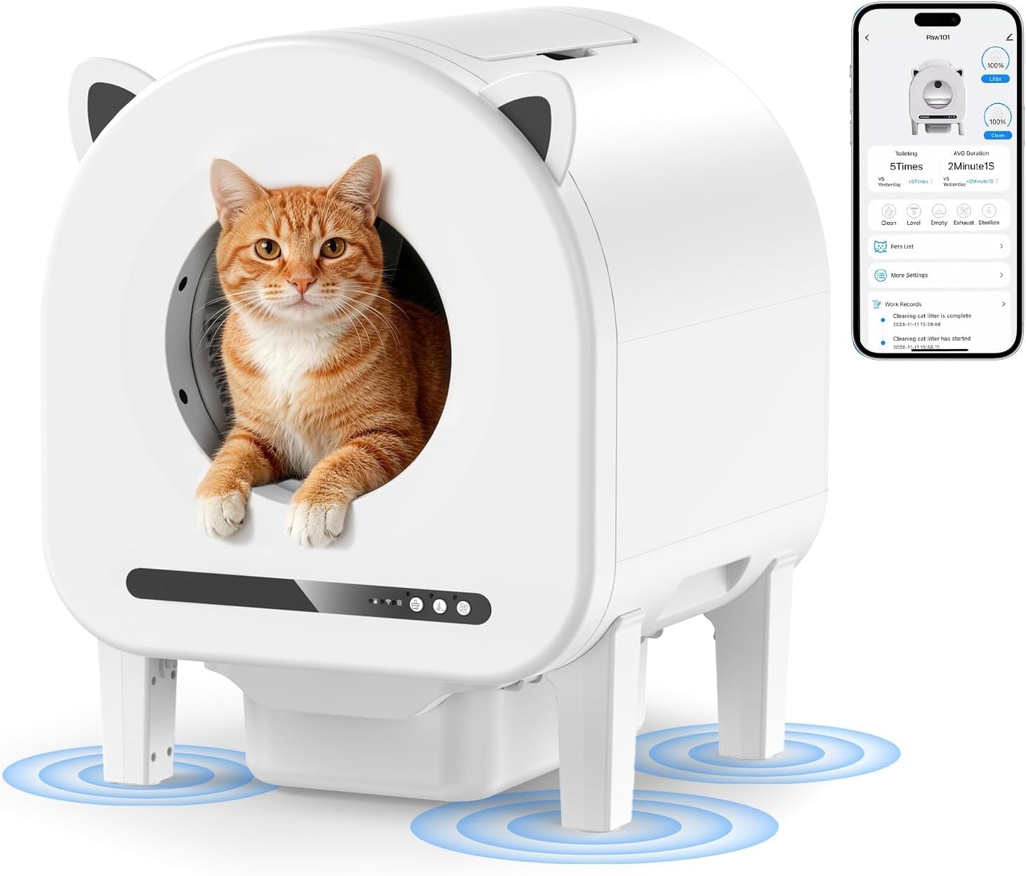 Self Cleaning Cat Litter Tray, 68L Large Automatic Litter Box for Multiple Cats, Smart Robot Box with App Control, 15 Safety Sensor, Odor Control, with 2 Roll Trash Bags/Litter Mat