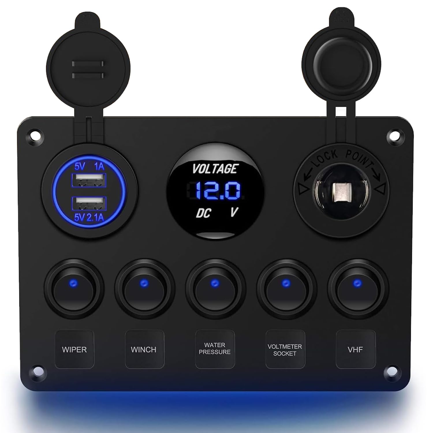 Greluma 1 Piece Panneau d'interrupteurs à bascule marche arrêt 5 positions avec disjoncteurs,fusible en ligne 15A,voltmètre numérique,chargeur USB et prise allume cigare 12V pour bateau,voiture