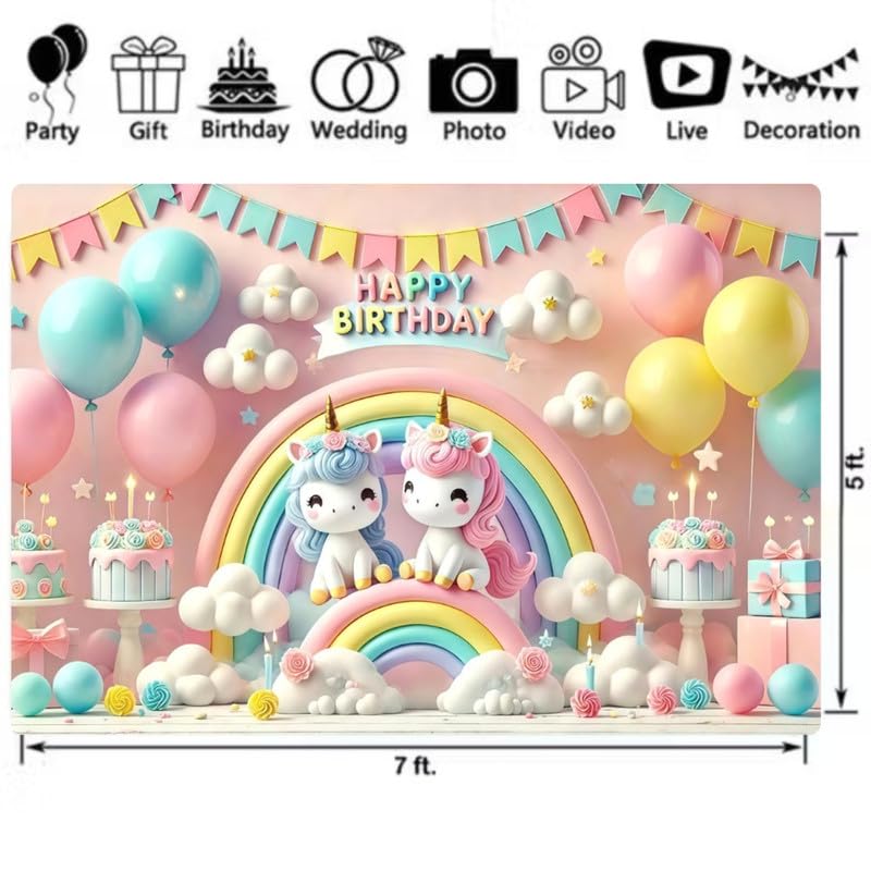Image of Unicorn Rainbow Birthday Backdrop - Colorful Cake, Balloons, and Cloud Design for Kids Party Photoshoots (Pack of 1)