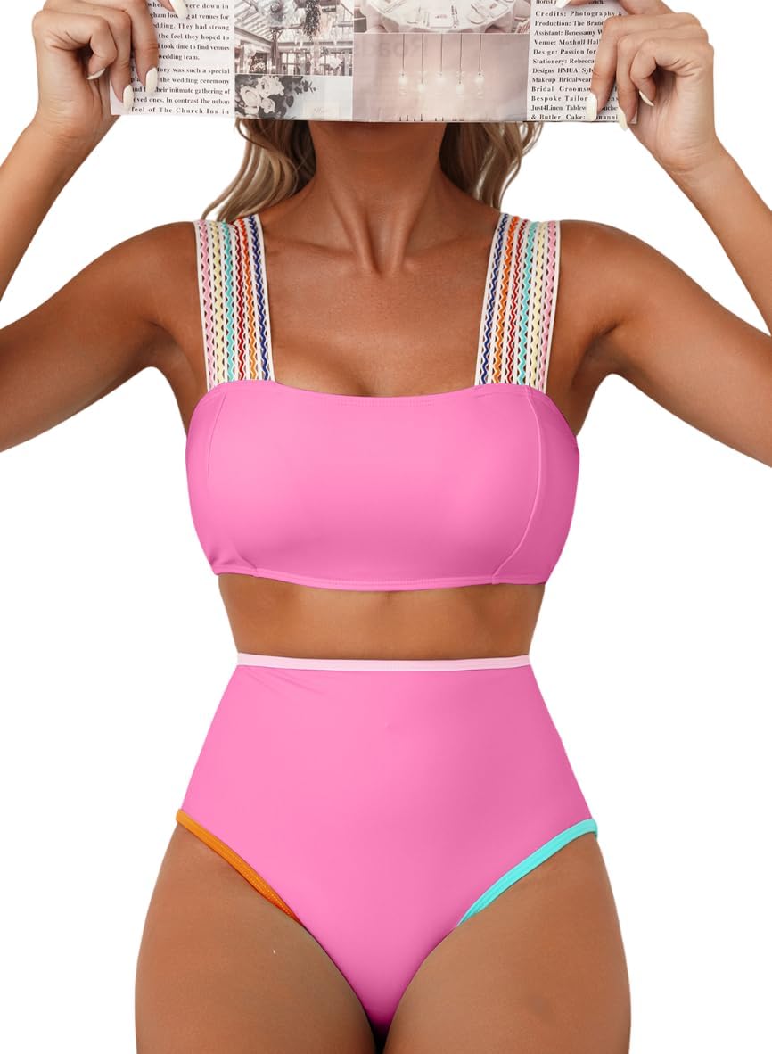 Herseas Women's Bikini Sets Colorblock Wide Strap 2 Piece Swimsuits High Waisted Square Neck Bathing Suits