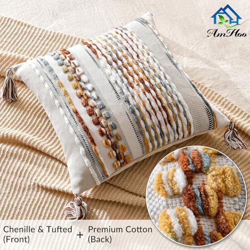 AmHoo Chenille Striped Textured Boho Throw Pillow Covers Aesthetic with Tassels Woven Decorative Pillow Case for Couch Bed Sofa Bedroom Modern Funky 18 x 18-Inch Brown - Image 4