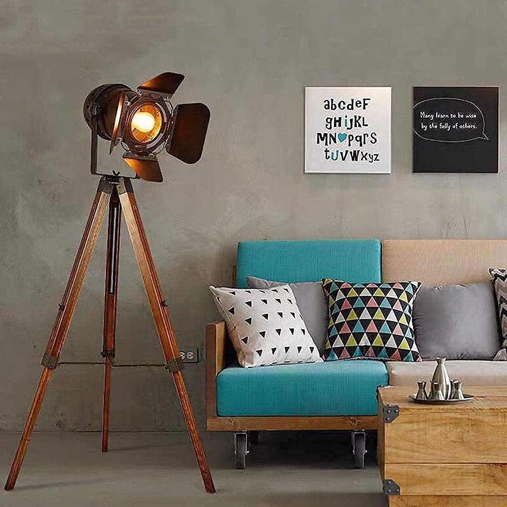 Piantana Treppiede Lampada da Officina da Pavimento Regolabile Legno Interni Design Moderna Spot Classica e27, Nera da Terra Tavolo stile Industriale Vintage per Salotto ufficio Leggere Camera letto