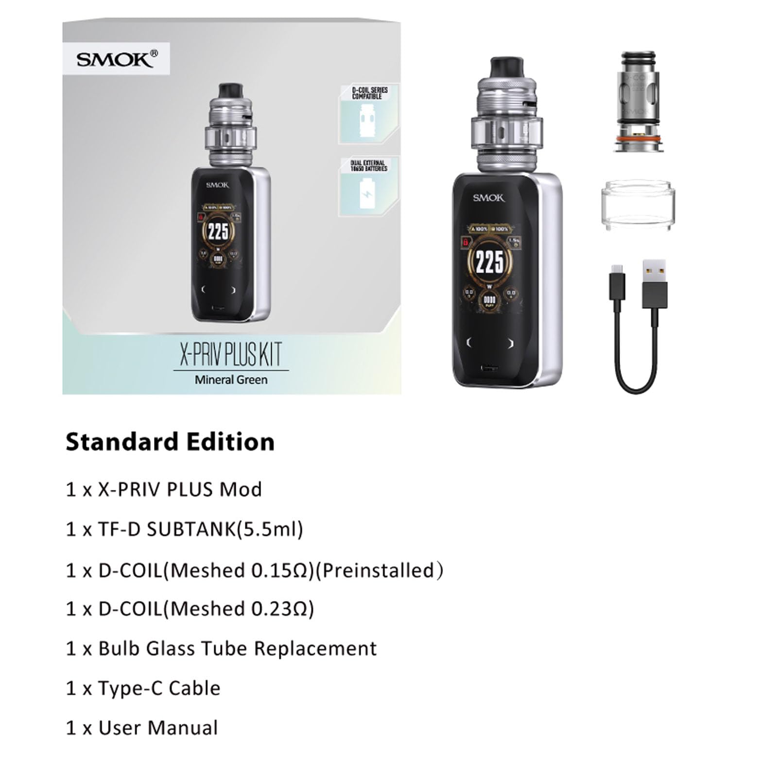 SMOK X-Priv Plus Kit |Smok X-Priv Plus Mod 225W con riempimento superiore TF-D SubTank Fit D-Coil 0.15/0.23ohm Sigaretta Elettronica DTL Vape,Senza Nicotina (Nero)