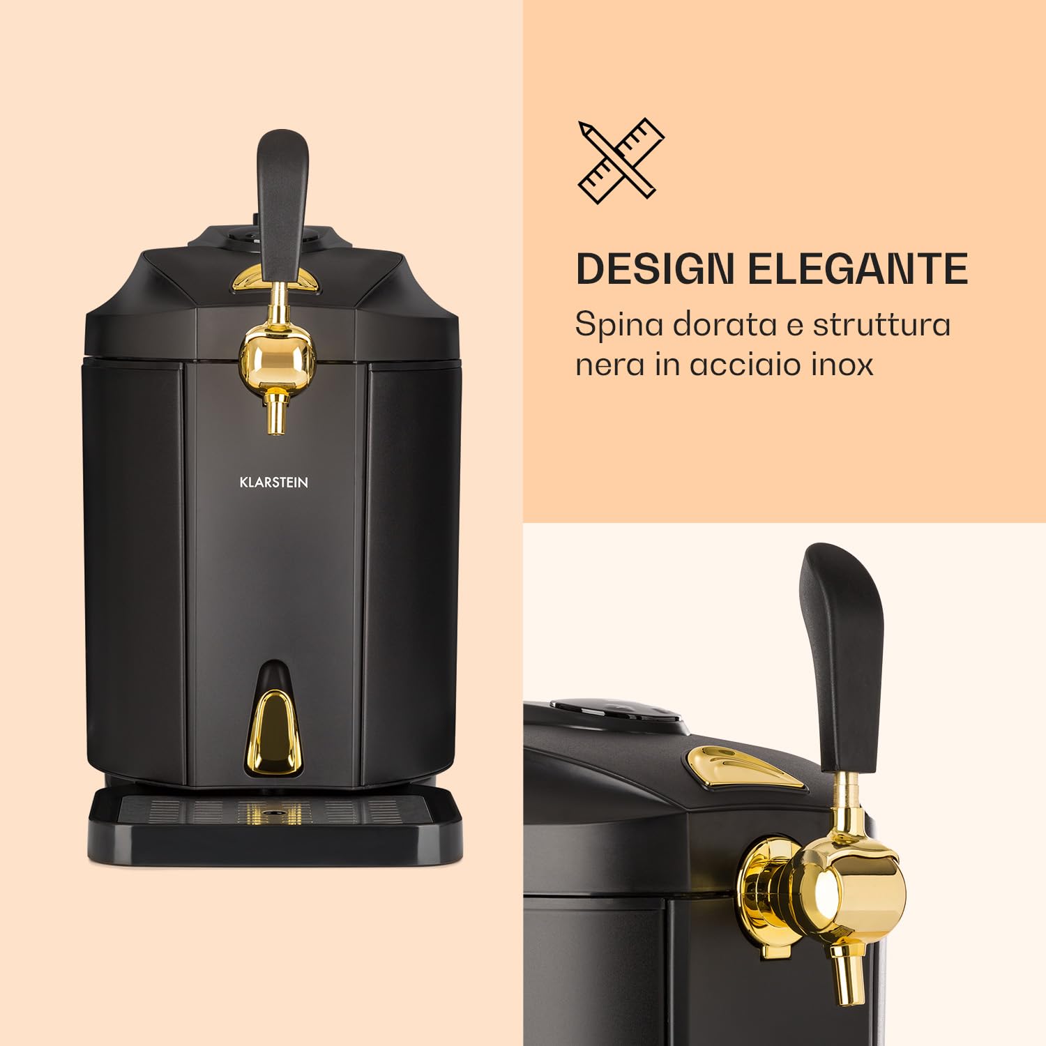 Klarstein Skal - Spillatore Birra, Spillatrice, Spillatore Birra da Casa 5 Litri, 3 x Cartuccia a Pressione CO² e Adattatore, Display LED, Silenzioso, 2-12 °C, Vassoio Gocce, Acciaio Inox, Nero