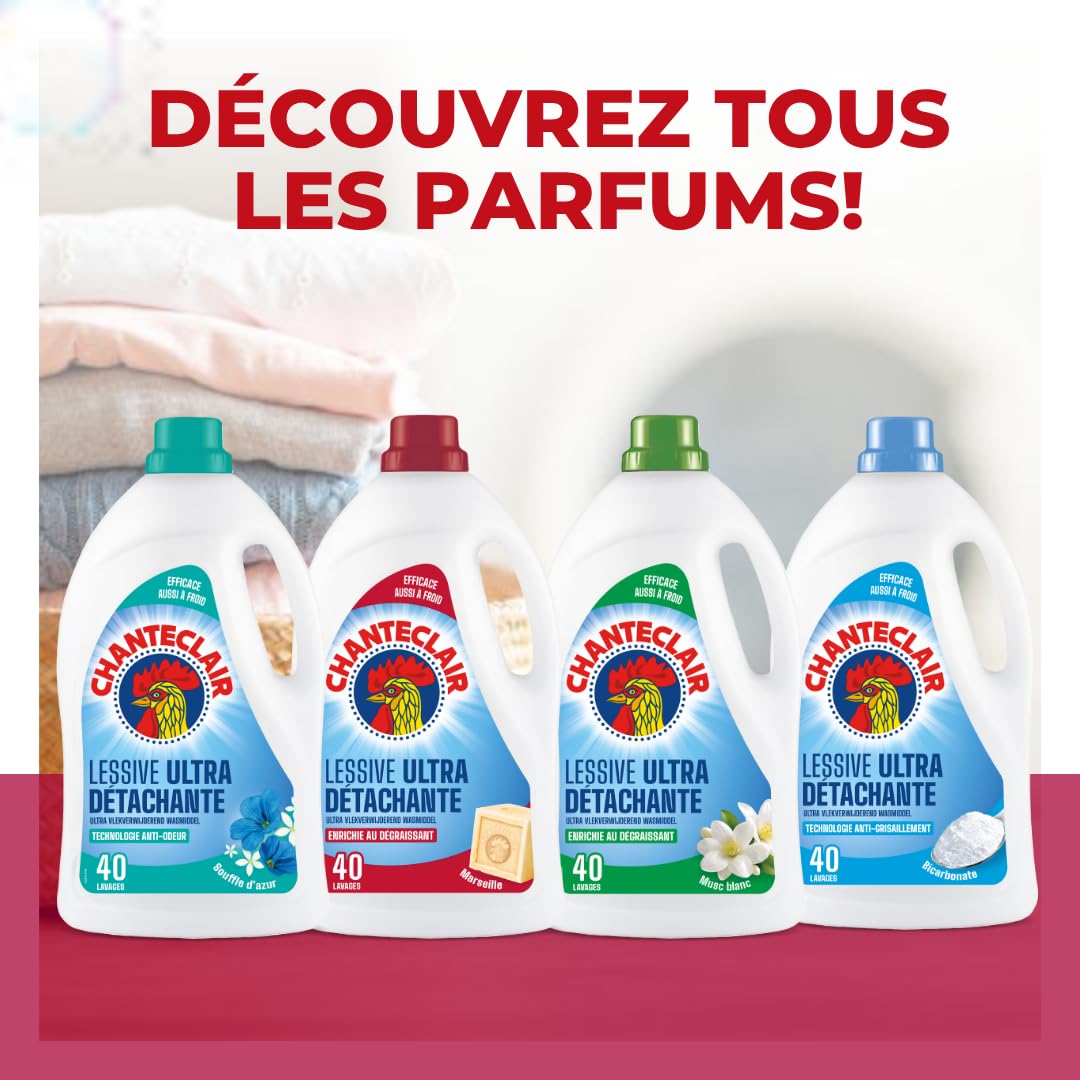 Chanteclair - Lessive Liquide Concentrées Marseille, Enrichie au Dégraissant, Ultra Détachantes et Efficaces aussi à Froid, 40 lavages - 8x 1800 ml