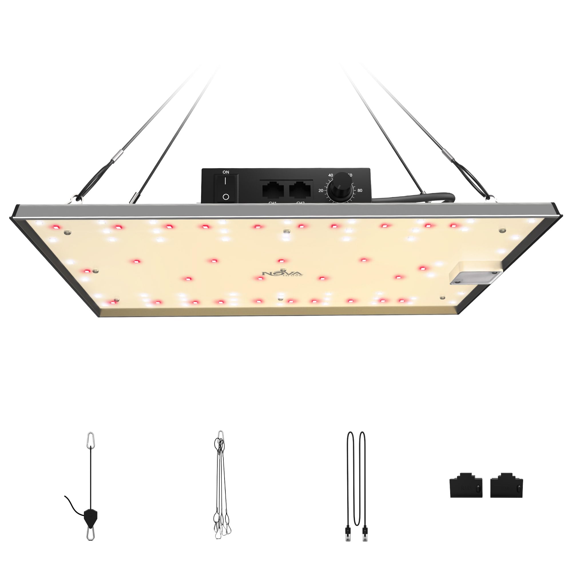 NovaGrove Lampa LED do uprawy roślin, pełne spektrum, 100 W, lampa do uprawy roślin, 60 x 60 cm, z możliwością ściemniania i łańcuchem stokrotki, EC10