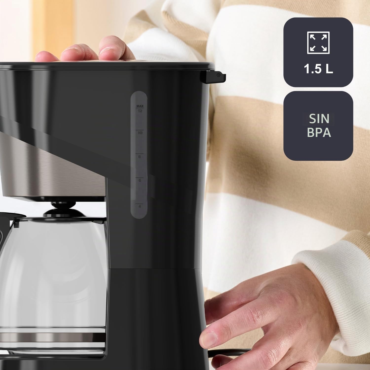 Black+Decker - Cafetera de Goteo 12 Tazas, 1,5L, 1000W, Antigoteo, Acero Inox