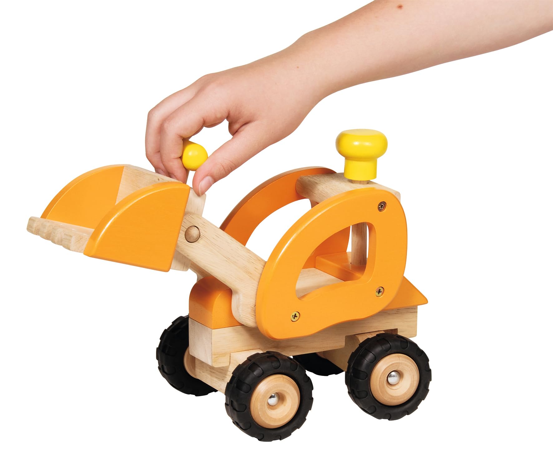 goki 55962 - Radlader aus Holz, Baustellenfahrzeug in gelb, lenkbar und mit Gummireifen, bewegliche Schaufel, perfekt zu Hause und im Kinderzimmer, Maße 31 x 14 x 21 cm, ab 3 Jahre