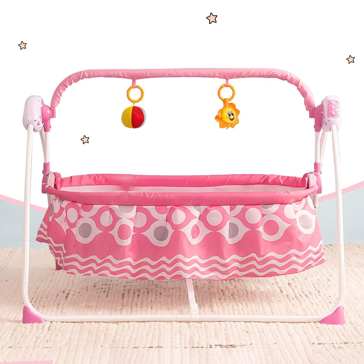 Infantso Lullabies Baby Cradle Automatic Swing with 3 Point Safety Harness, Remote Control, Mosquito Net, Soothing Musical, Extra Cushion, Baby Age 0-2 Years (Pink)