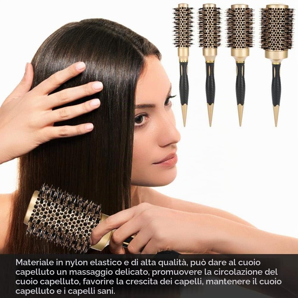 Spazzole Rotonde, 4Pcs Spazzola per Capelli Rotonda in Ceramica Termica per Asciugatura a Soffio, Portatile Anioni Professionali Pettine per Parrucchiere Grandi Styling Pettine,d'oro