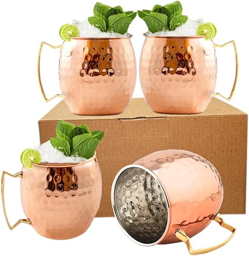 BOLD & DIVINE Juego de 4 tazas Moscow Mule chapadas en cobre, tazas de cobre martillado de 18 onzas con forro de acero inoxidable, asas doradas y