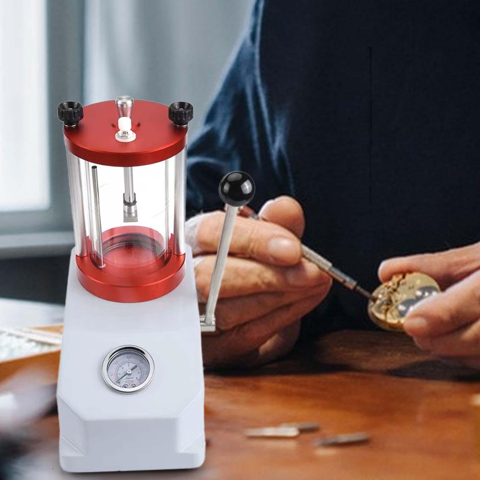 Strumento di misurazione per test di impermeabilità dell'orologio con chiara visuale dell'integrità durante le procedure di test, mentre il