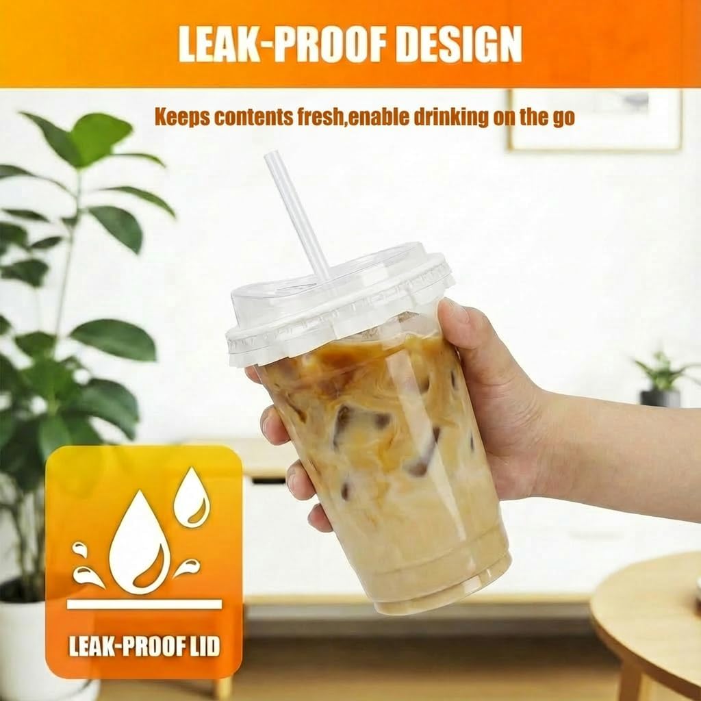 100 Packs 16oz Clear Plastic Cups with Lids, Straws, and Leak-Proof Paper - Complete To-Go Disposable Cup Kit for Iced Coffee, Smoothies,Cold Drinks & Boba Tea - Image 4
