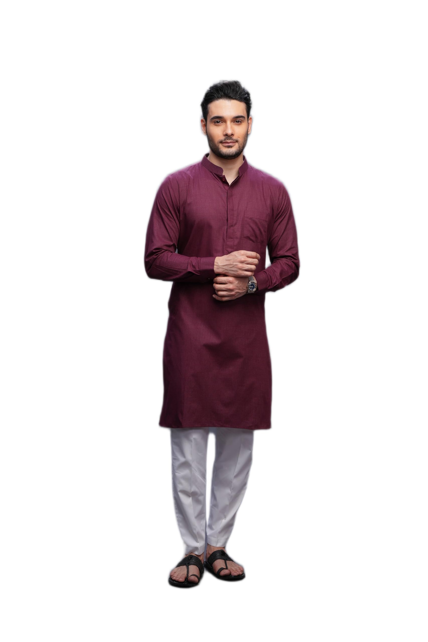 mashroo Men Kurta Pajama Set Maroon S Cotton Stripe with Mandarin Neck for Weddings and Festivals-picture-12