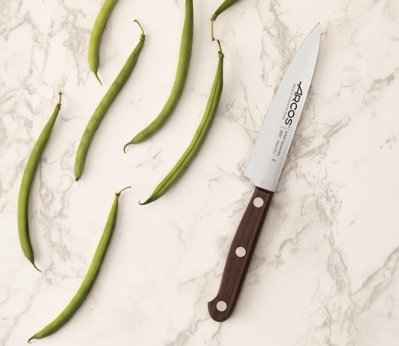 Arcos Vegatable Knife 5 Inch Stainless Steel. Professional Vegetable Knife for Peeling Fruits and Vegetables. Ergonomic Polyoxymethylene Handle and 120 mm Blade. Series Atlantico. Color Brown.