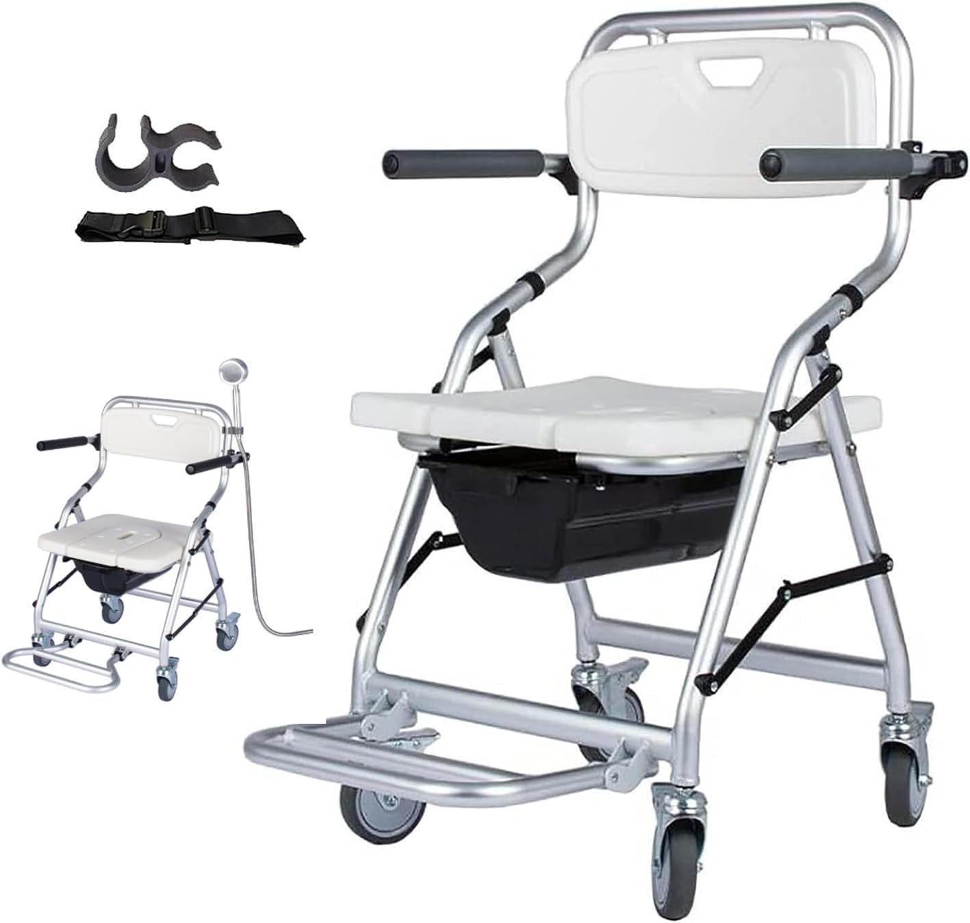 Silla de Ducha con Ruedas para Personas Mayores, Silla de Baño Plegable con Reposabrazos y Respaldo, Taburete de Ducha para Personas Mayores Mujeres Embarazadas