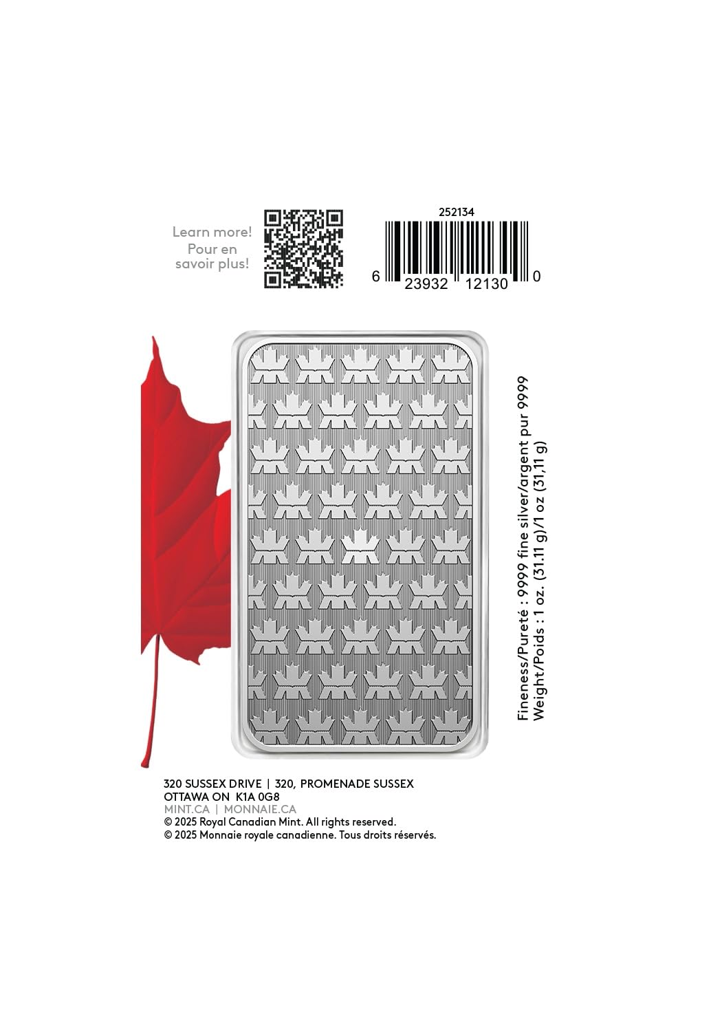 Canada Royal Canadian Mint Silver .9999 1 oz. Bar, Royal Canadian