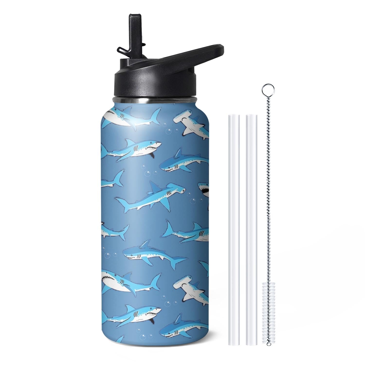 32oz Cute Shark Water Bottle with Handle and Flip Straw, Sports Stainless Steel Insulated Cup, Travel Coffee Mug Tumbler, Birthday Mothers Day Chritmas Gifts for Women Animal Lovers